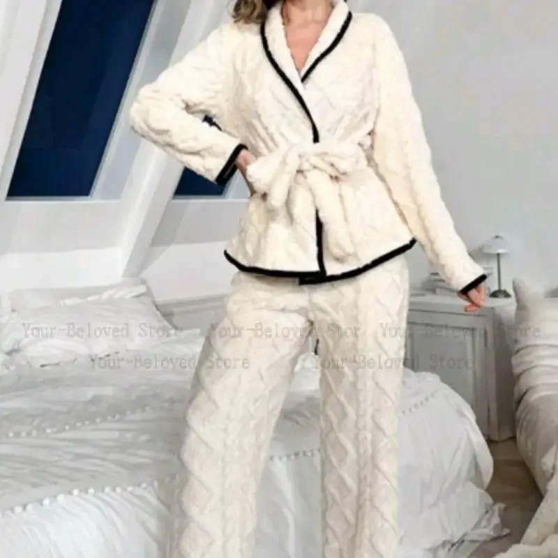 

Women's Winter Kimono Top Pant 2 Pieces Set Thickened Fleece Nightwear Pajamas Ladies Sleepwear Homewear Coral Velvet Homewear