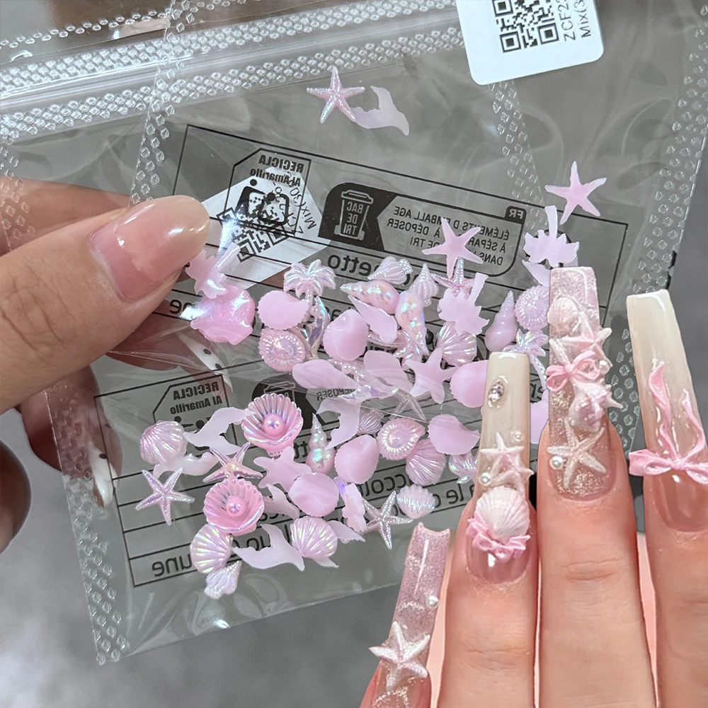 30 piezas de adornos de resina para uñas, surtidos en rosa aurora y estilo océano, con diseños 3D de concha, estrella de mar, caracola, cola de pez y árbol de coco, accesorios de verano para uñas DIY