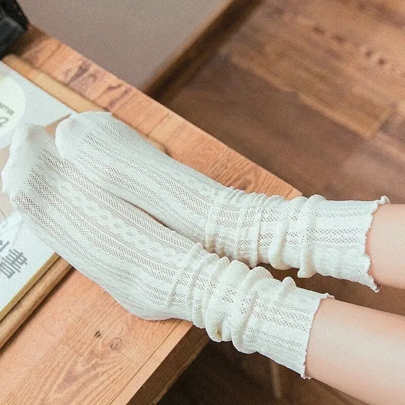 Korean Fashion Solid Color Women Socks Hollow Out Thin Mesh Breathable Crew Socks Harajuku Vintage Streetwear Loose Long Socks