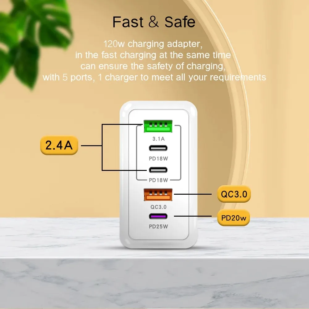 PD 120W fast Charging 5 Ports USB C Quick Charge 3.0 Adapter For Samsung iPhone Xiaomi Huawei Universal US/EU/UK Charger