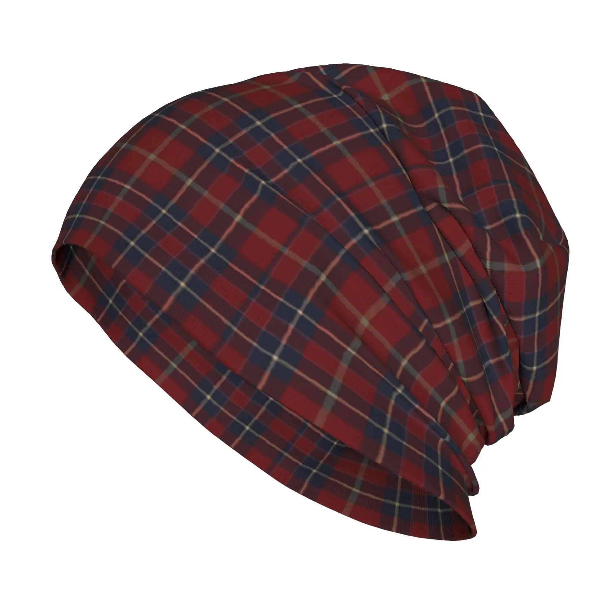 Tartan Dark Red and Navy Blue Plaid  Bonnet Hats Cool Outdoor  Skullies Beanies Hats Unisex Spring Head Wrap Cap