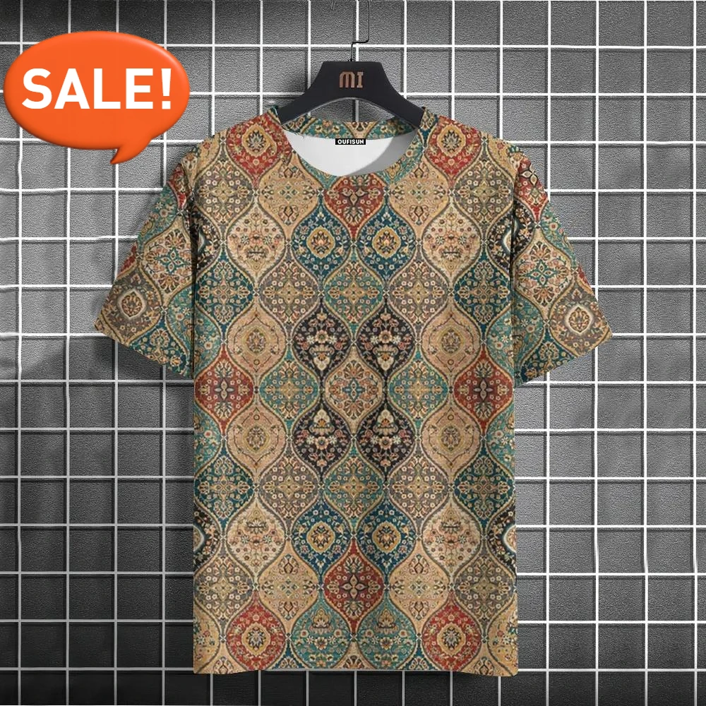 

Retro Men's Ethnic Style 3D Printed Casual Short-sleeved Summer Round-neck Street T-shirt, Loose and Breathable Men's Clothing