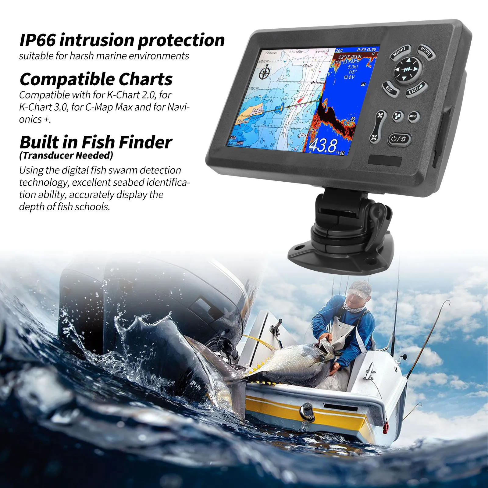 7in Marine Plotter Built in Fish Finder Colored LCD Display Split Screen IP66  Boat Navigation Locator Marine Plotter