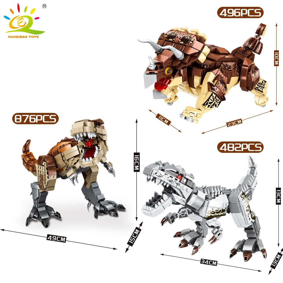 HUIQIBAO Jurassic Indominus Rex Dinosaur World Model Building Blocks City Triceratops Velociraptor Dino Park Bricks Children Toy