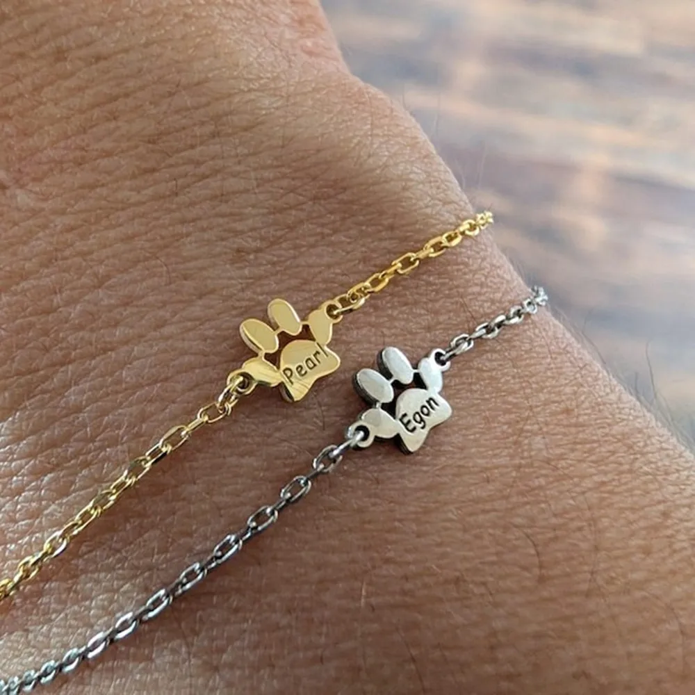 Personalized Dog Pet Paw Names Anklet Custom Engraved Animal Nameplate Charm Adjustable Foot Chain Memorial Jewelry Gifts