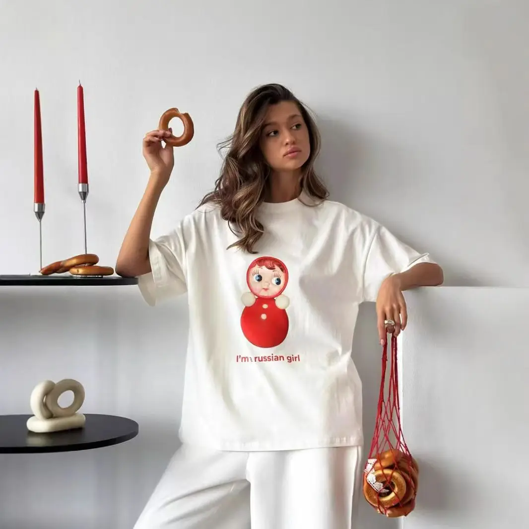 الفتيات الروسية طباعة القطن قصير الأكمام التي شيرت المرأة عادية تنوعا تي شيرت الصيف المتضخم الملابس الموضة الأوروبية الجديدة