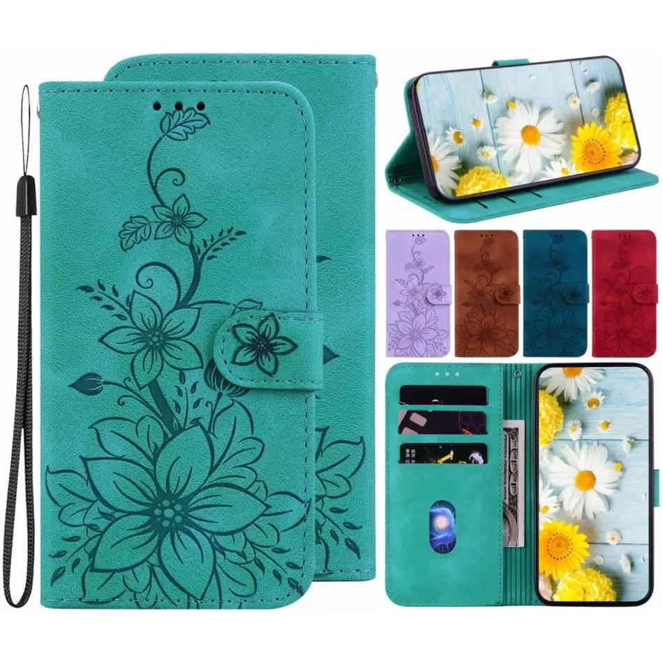 Cute Lily Phone Case For Samsung Galaxy J3 J5 J7 A3 A5 2017 A6 A7 A8 A9 J6 J4 Plus 2018  Flower Card Wallet Protect Coque D26F