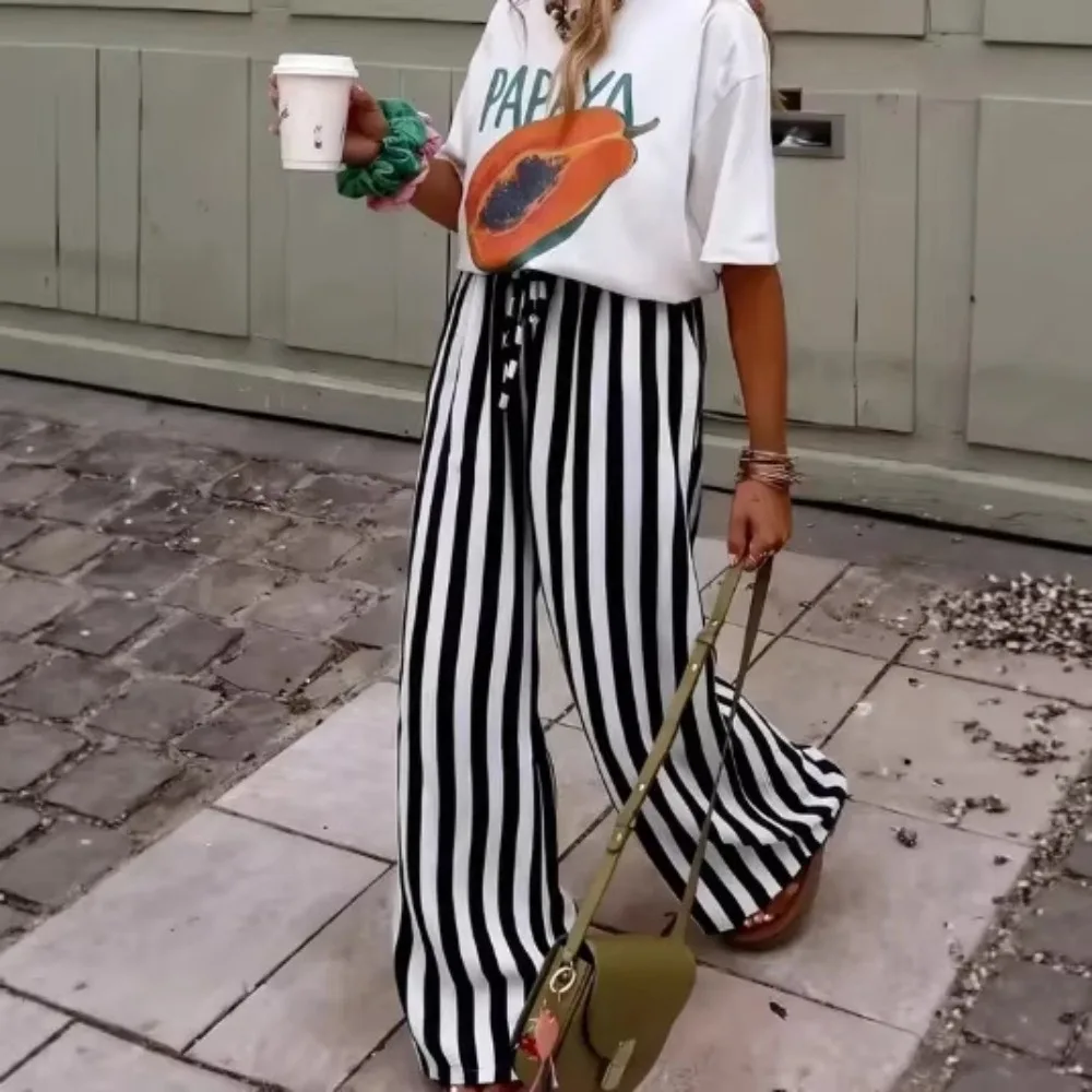 Women's Color Contrast Striped Straight Long Pants New Spring Summer European Style Loose Casual Ladies Trousers