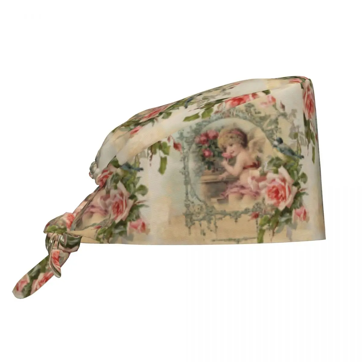 Victorian Angel Print And Pink Vintage Roses Breathable Scrub Hat Surgical Scrub Caps Unisex Nursing Hair Hats Work Scrubs Hat