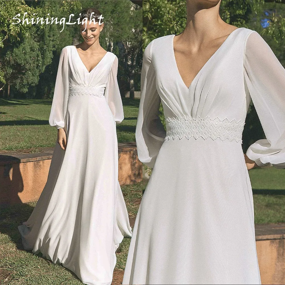 

ShiningLight Summer Chiffon A-Line Wedding Dress V Neck Puff Long Sleeve Simple Bride Boho Bridal Gown Robe De Mariee Customized