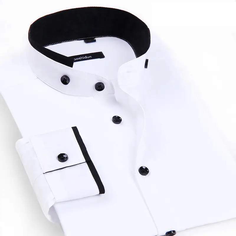 Casual Solid Long Sleeve Button-down Shirt for Men Chinese Stand Collar Regular-fit Thick Dress Shirt Black White Shirts Male