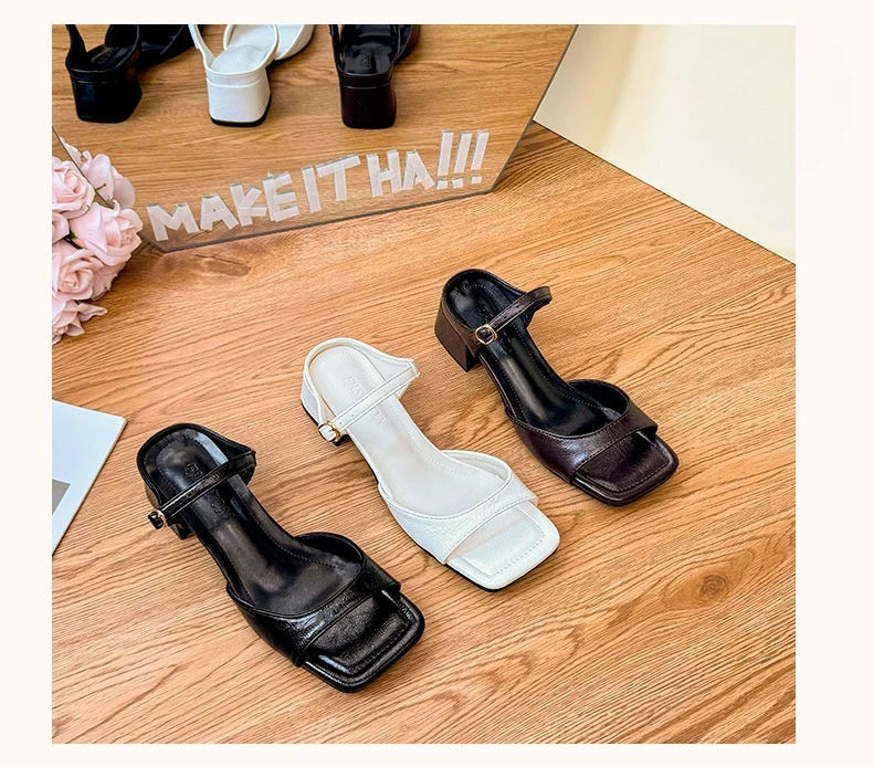 French-style Square-toe Chunky High-heel Slide Sandals for Women, New Summer Outdoor Wear, Elegant Open-toe Sandals