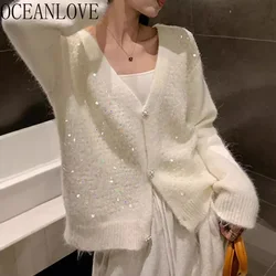 OCEANLOVE donna maglioni paillettes scollo a V autunno inverno cardigan solido moda coreana scintillante Casual dolce Sueter De Mujer