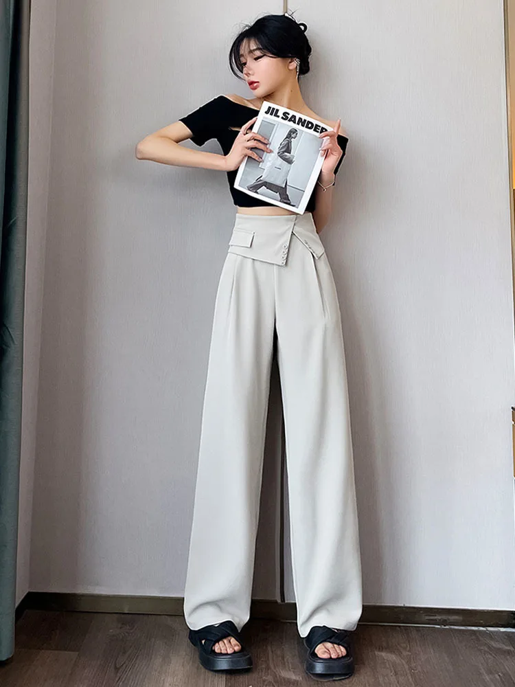 Minimalist Casual Pants Women 2023 Autumn Asymmetrical All-match Commuter Fashion Office Lady Ankle-Length Pants