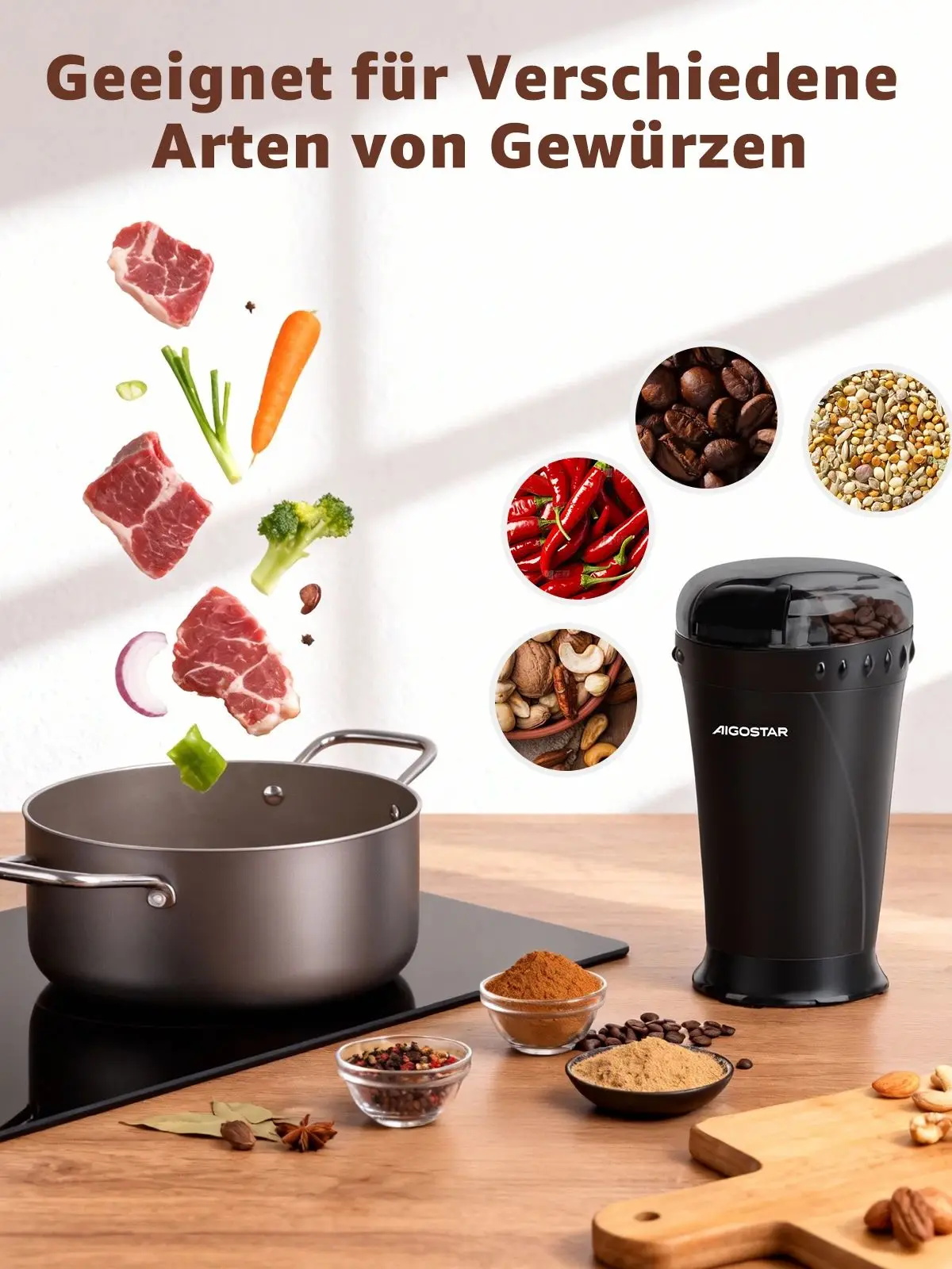 Aigostar Kaffeemühle Elektrisch Gewürzmühle Kaffee Mühle für Kaffeebohnen, Getreide, Gewürze und Nüsse, Edelstahl Schlagmesser, 60g Bohnenbehälter, Elektrische Propellermühlen,150 Watt, Schwarz