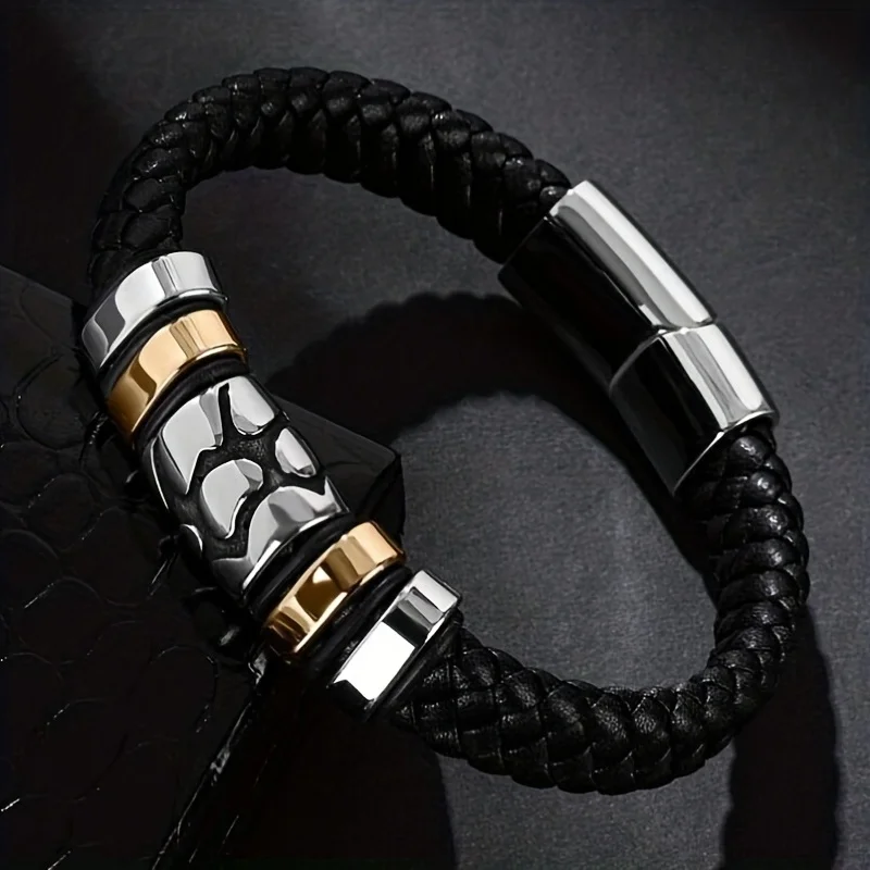 

Vintage Black Braided Leather Wrap Bracelet Men Magnetic Metal Buckle Personality Casual Accessories