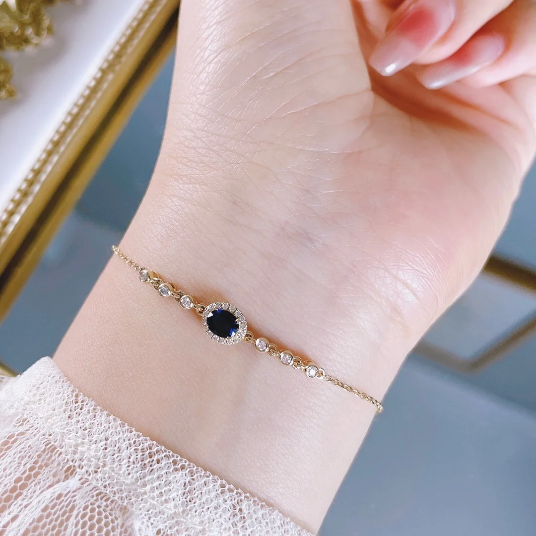 

Classic 925 Silver Lab-grown Blue Sapphire Chain Bracelets Women Luxury Accessory Oval Gemstone Solitaire Hand Bangle Jewellery