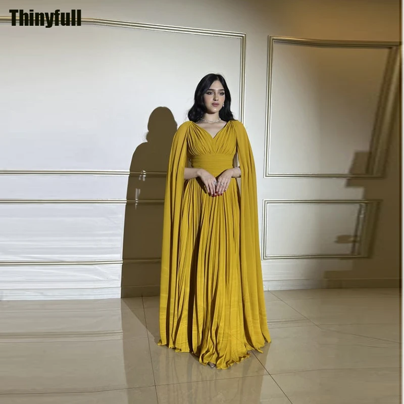 

Thinyfull A-line Chiffon Dubai Prom Dresses V-neck Saudi Arabia Evening Party Gown Formal Occasion Dress Robe De Soirée 2024