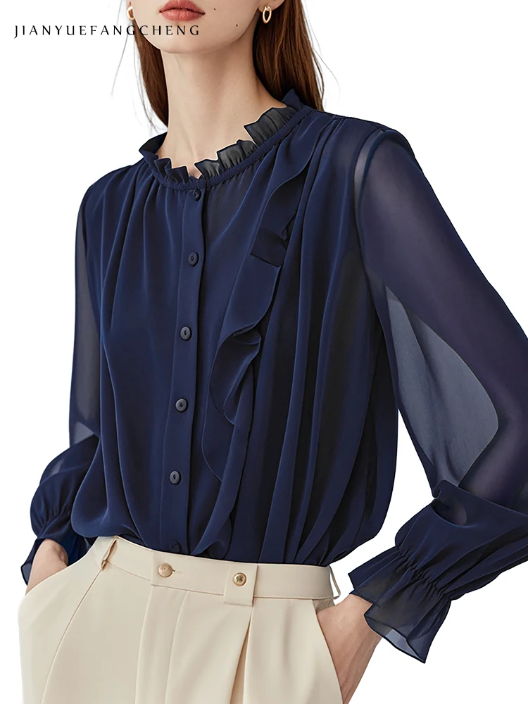 Loose Plus Size Womens Long Sleeve Ruffles Blue Chiffon Blouse 2024 Summer Autumn Tops Female Casual Working Shirts