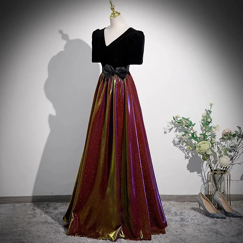 Robe de soirée longue noire pour Banquet, nouveau Style pour femmes, Noble et élégante, amincissante, ensemble haut à manches mi-longues, robe à cravate d'hôte, 2025