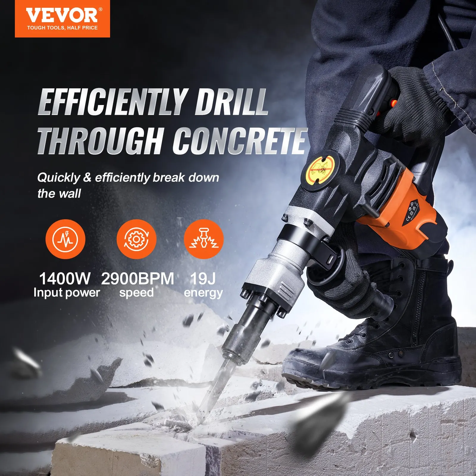 VEVOR Demolition Jack Hammer, MAX 1400W Electric Jackhammer Heavy Duty, 2900 BPM Concrete Breaker 2pcs Chisels Bits Chipping