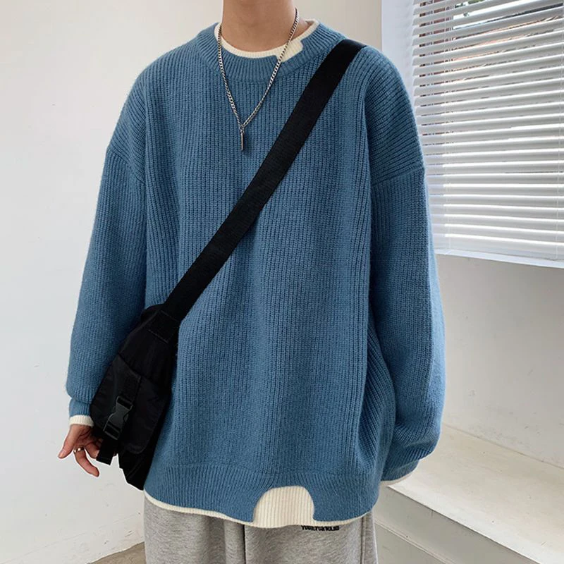 Spring And Autumn Fake Two Piece Long Sleeve Men O Neck Sweater Teenager Fashion All-match Oversized Knitted Couple Clothing Top