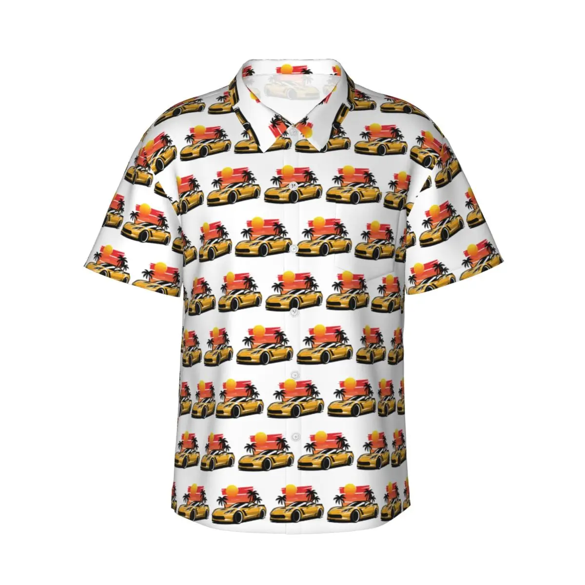 

Yellow Corvette Z06 Sunset Palms Мужские рубашки Гавайская рубашка с коротким рукавом Модные топы с лацканами для летнего пляжа