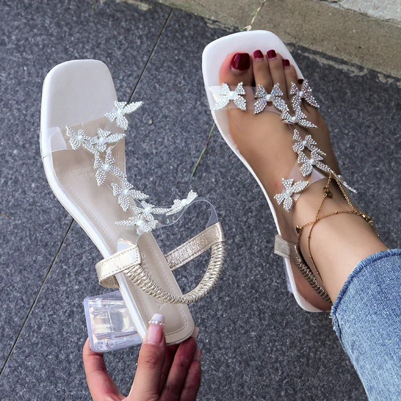 Woman Shoe Pvc Sandals High Block Medium Heel Transparent Elastic Butterfly Comfortable Sexy Elegant Dresses Summer Trend White