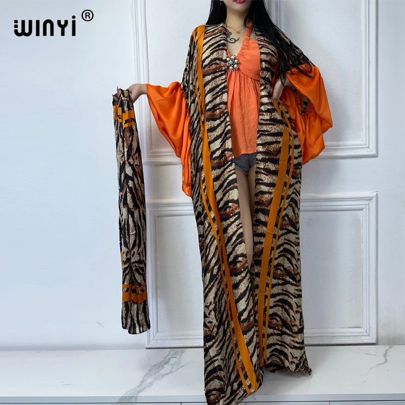 WINYI Leopard print kimono with belt Women Elegant Summer holiday dress Bubble sleeve cardigan beach Wear Swim Suit cover up