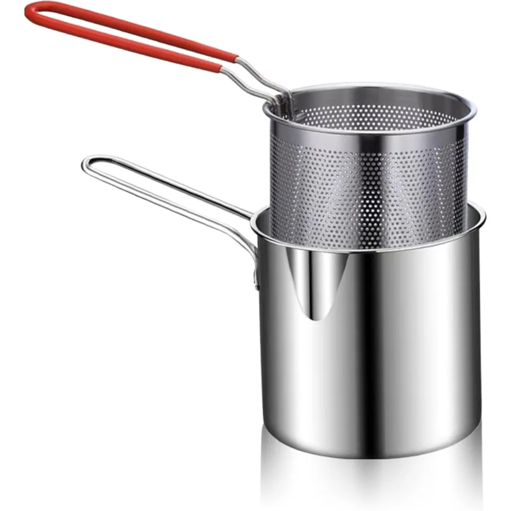 Small Deep Fryer Pot with Basket, Mini Deep Oil Fryer, 304 Stainless Steel Gadgets with Anti Scalding Silicone Handle