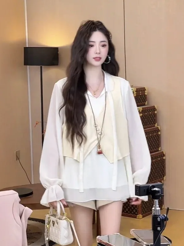 

Loose Long Sve V-Ne Chiffon irt Women's Spring 2026 New Sle Slimming Young-looking Faionable French Sle irt