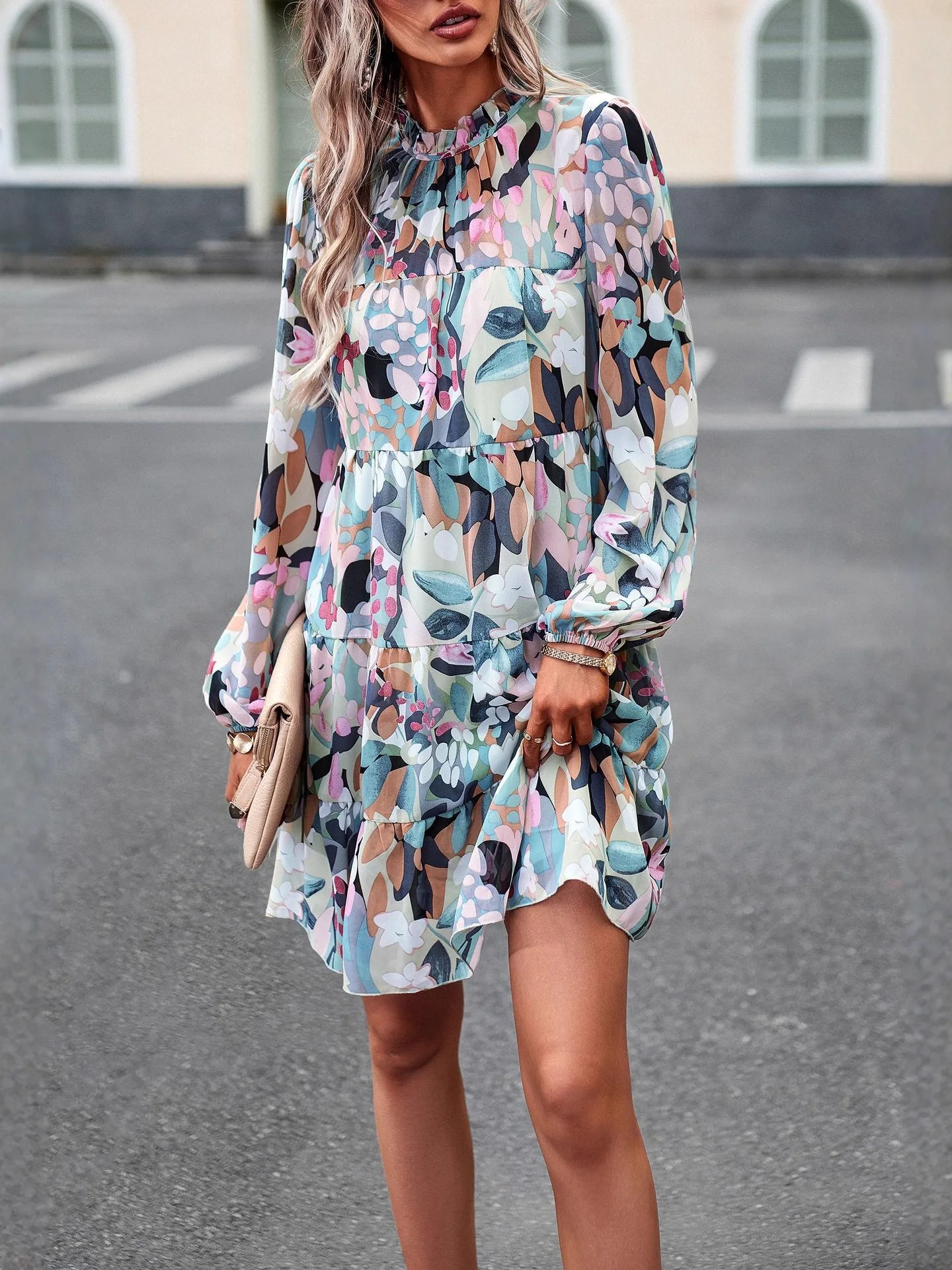 

New Elegant and Fashionable Casual Style Stand Up Collar Color Blocked Plant Print Lantern Sleeves Mesh Splicing Women's Dress