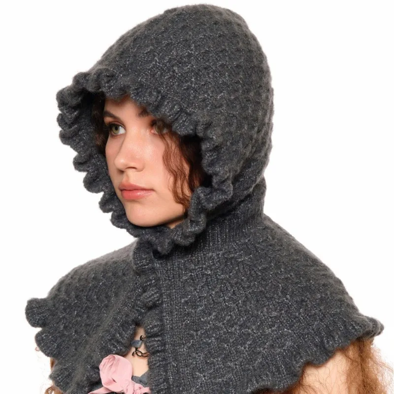 Koreanische Ins Winter Warme Gestrickte Balaclava-Mütze, Nischenmode, Vielseitige Mütze und Schal in Einem, Pullover-Bombermützen für Damen – Detail 4