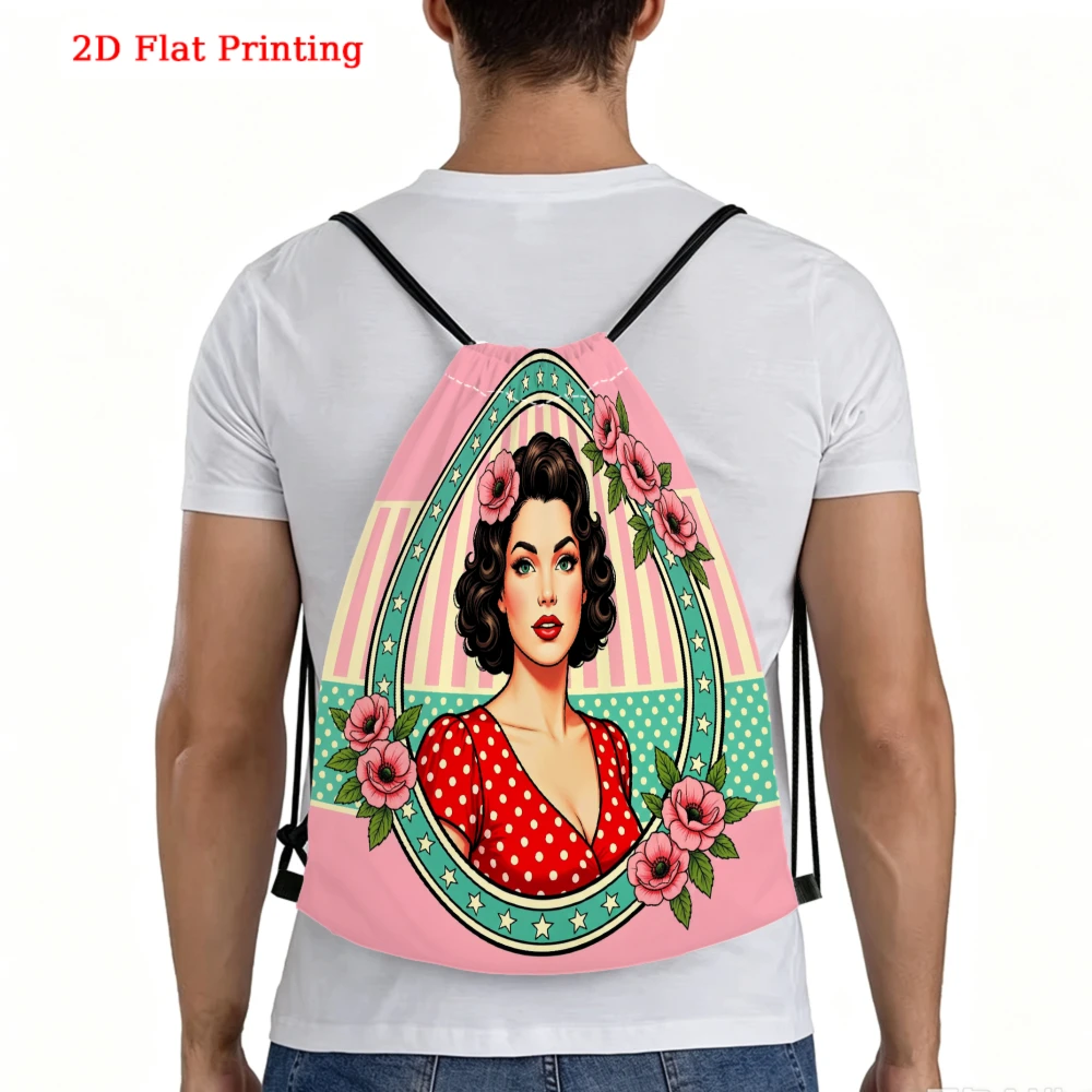 Retro Vintage, Drawstring Backpack, 2D Flat Printing Pink Rose Woman Portrait, Gym Sports Bag, Outdoor Travel Cinch Sack