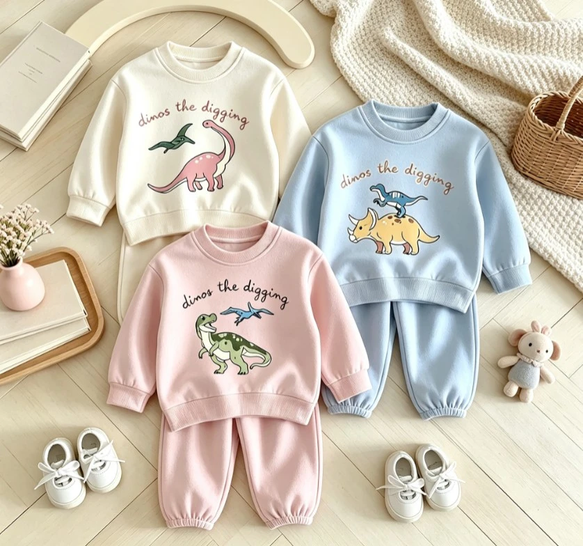 Kids Autumn Sweatshirt 2Piece Set Cute Dinosaur Print Crew Neck Pullover Top And Jogger Pants Baby Kid Popular Clothing Suits