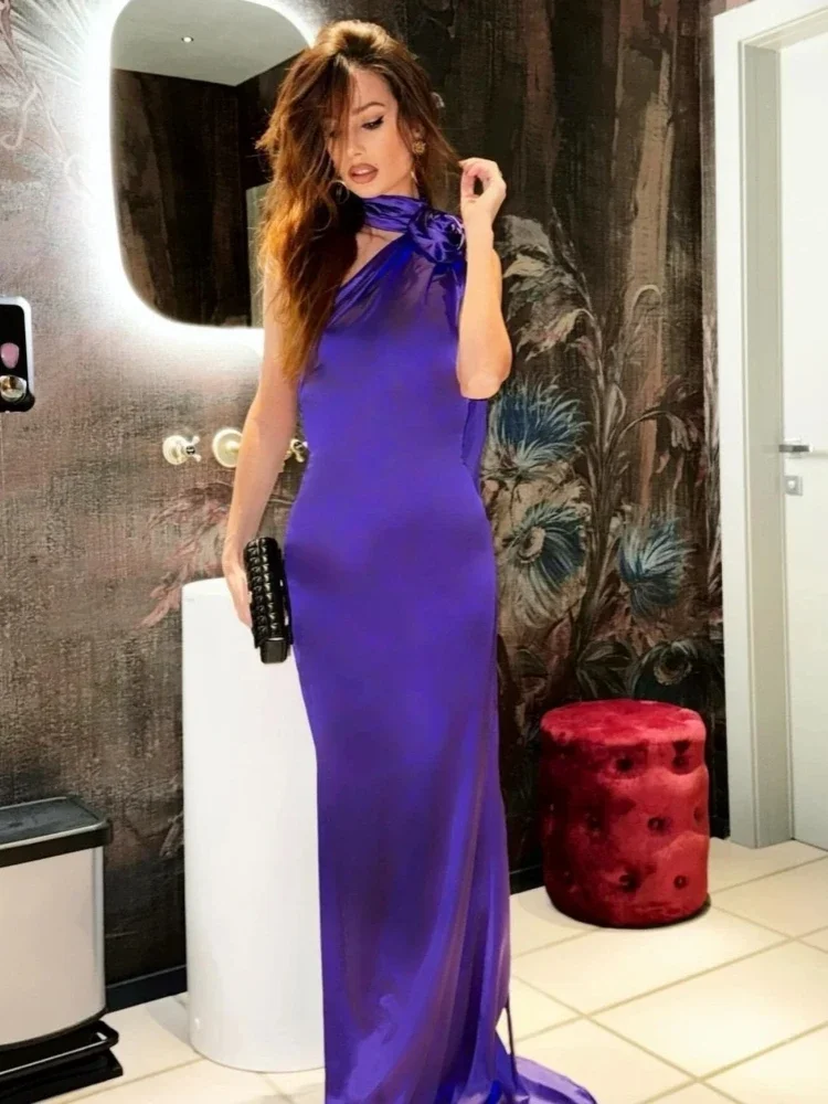 

Women Purple Sleeveless Ribbon Draped Maxi Dresses Elegant Evening Party Sexy Halter Neck 3D Flower Design Backless Long Dress