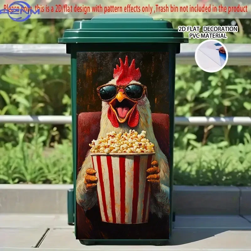 Funny Chicken at Movie with Popcorn Self-Adhesive Sticker -  PVC Decal for Trash Bins & Walls, Whimsical Cartoon Design with F