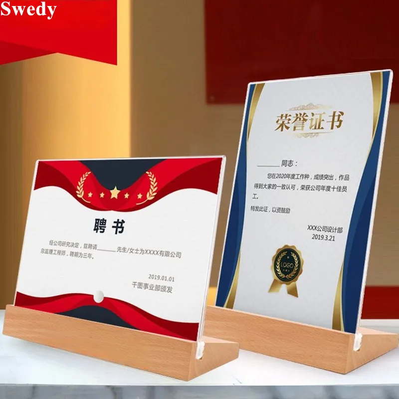 A6 100x150mm T / L Use Table Acrylic Sign Holder Display Stand Wood Base Photo Picture Poster Frame Menu Paper Price Label Tags