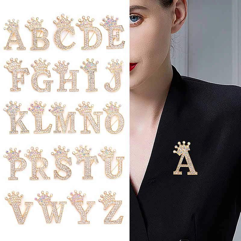 (BS)'1PC Fashion Crown 26 Initial Letters A to Z Crystal Rhinestone Brooch Pins for Women Wedding Dress Lapel Collar Pin Jewelry