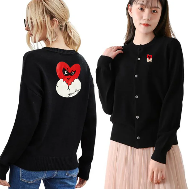 

Break Egg Women Sweater Cartoon Embroidered Printing Long Sleeve O-Neck Cardigan Autumn Cotton Single Breasted Casual Sweater