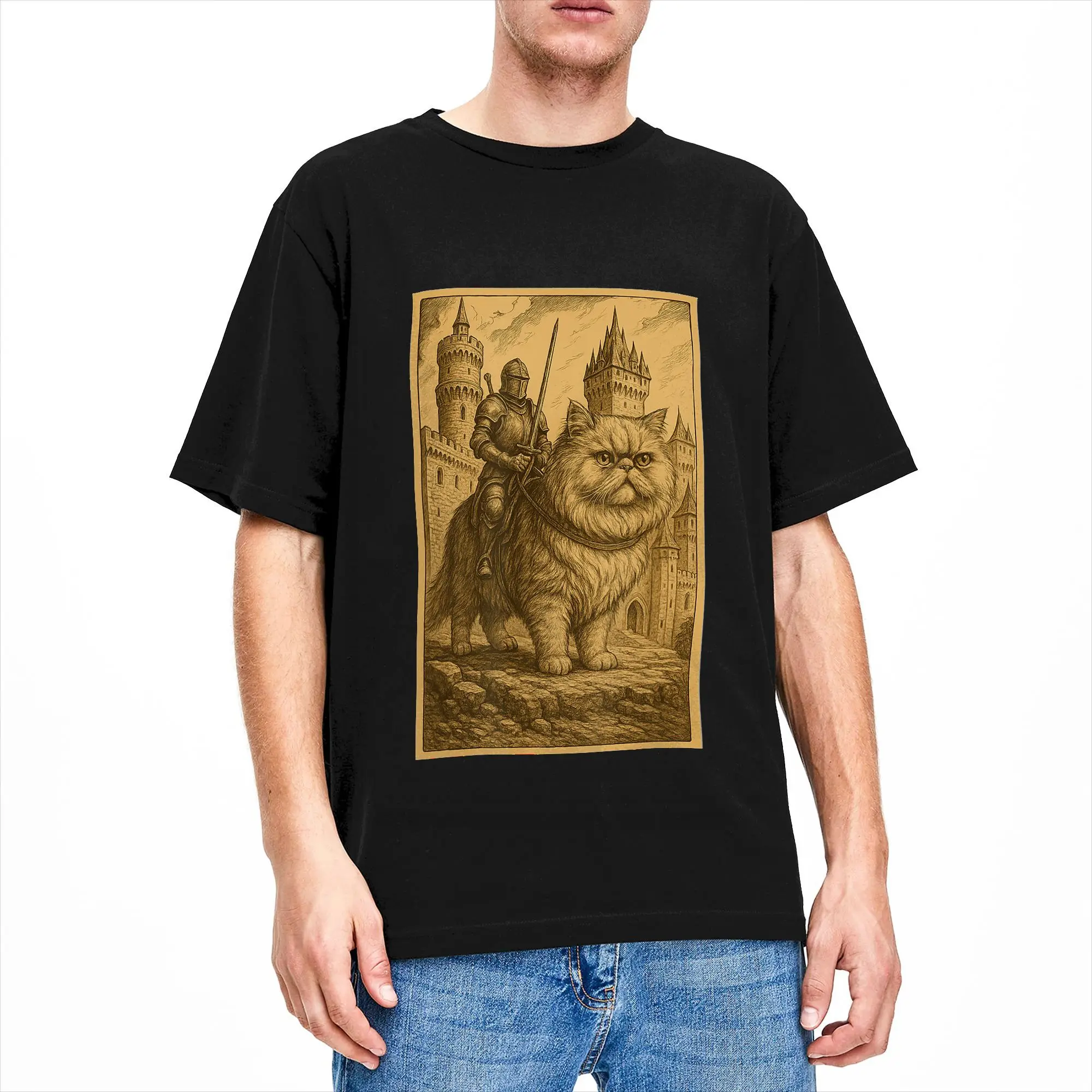Medieval Knight Riding a Persian Cat Rider Cotton T-Shirt For Men's Summer  Streetwear T-Shirts Leisure Tee Shirt Oversize Tops