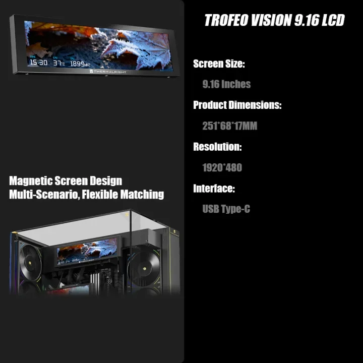 شاشة كمبيوتر شخصي Thermalright Trofeo Vision LCD AIO مقاس 9.16 بوصة، شاشة USB من النوع C لموضوعات DIY لحافظة ألعاب الكمبيوتر/مبرد وحدة المعالجة المركزية