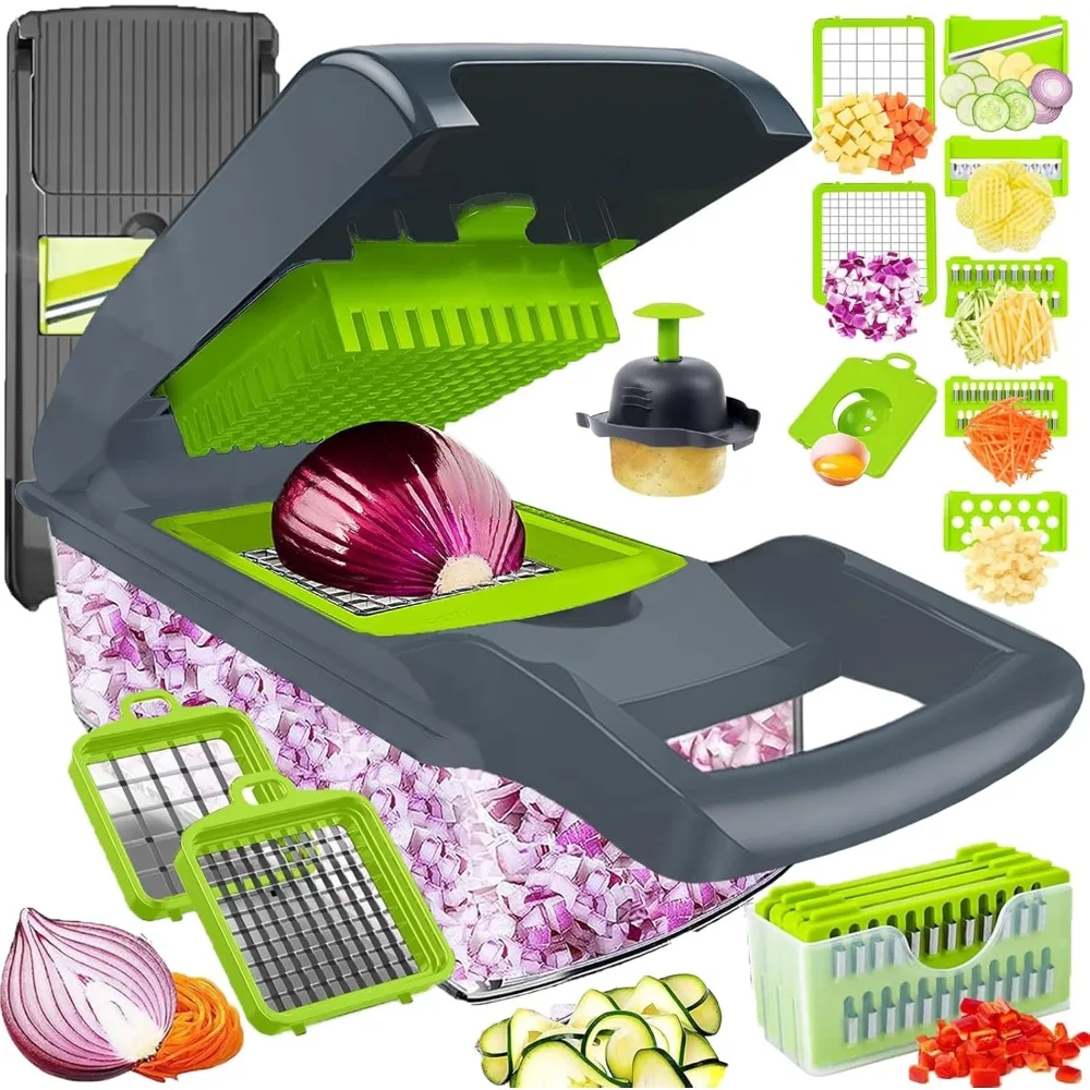 

7-in-1 Veggie Chopper w/ 1.5L Container – Slicer/Shredder/Grater for Onion, Potato, Cabbage (Stainless Steel)