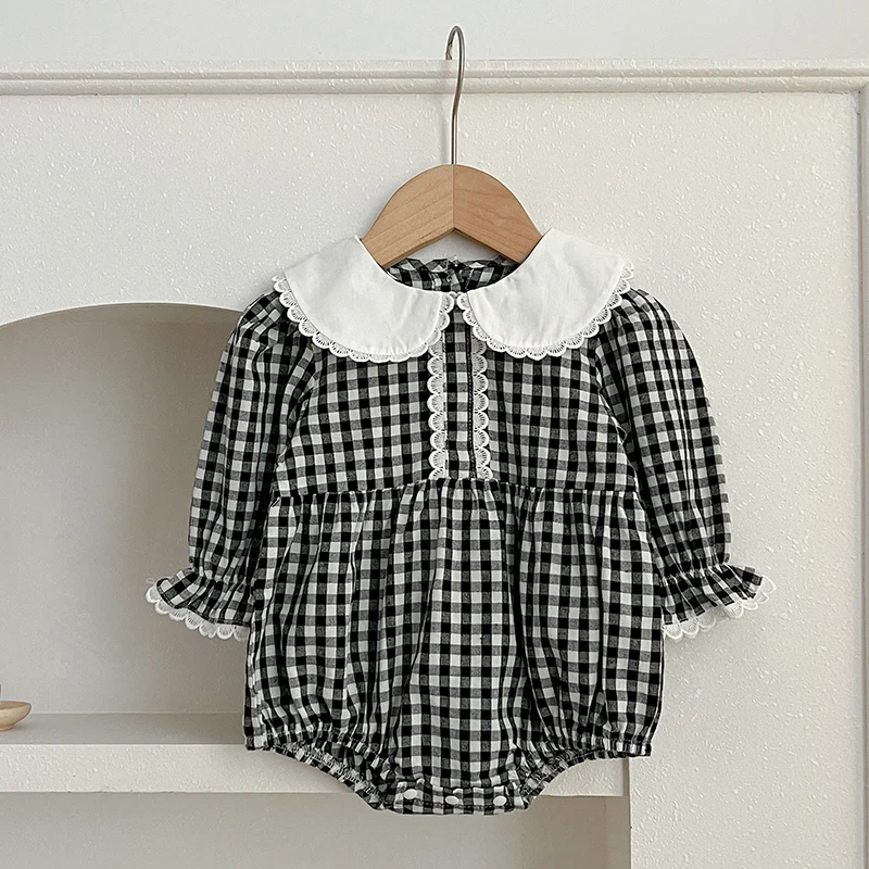 New Newborn Bodysuit Fashion Baby Romper Lace Peter Pan Collar Black White Grid Infant Girl Jumpsuit 0-2Yrs Baby Girls Clothing