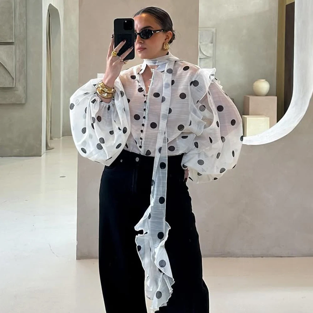 Ticketsx Polka Dot Rüschenhemden Mode Kontrast Schnürung Durchsichtige Knopfbluse Top Elegantes Party High Street Damenhemd – Detail 18