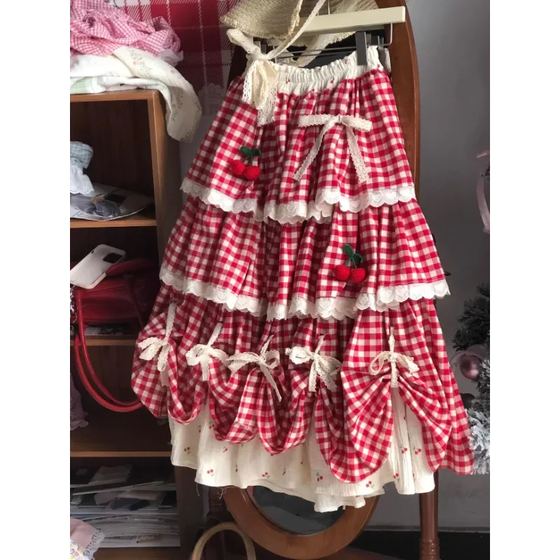 

Women's Sweet Lolita Style Red Plaid Ruffled Skirt Layered Lace Trim Cherry Decorated Elastic Waist Princess Skirt