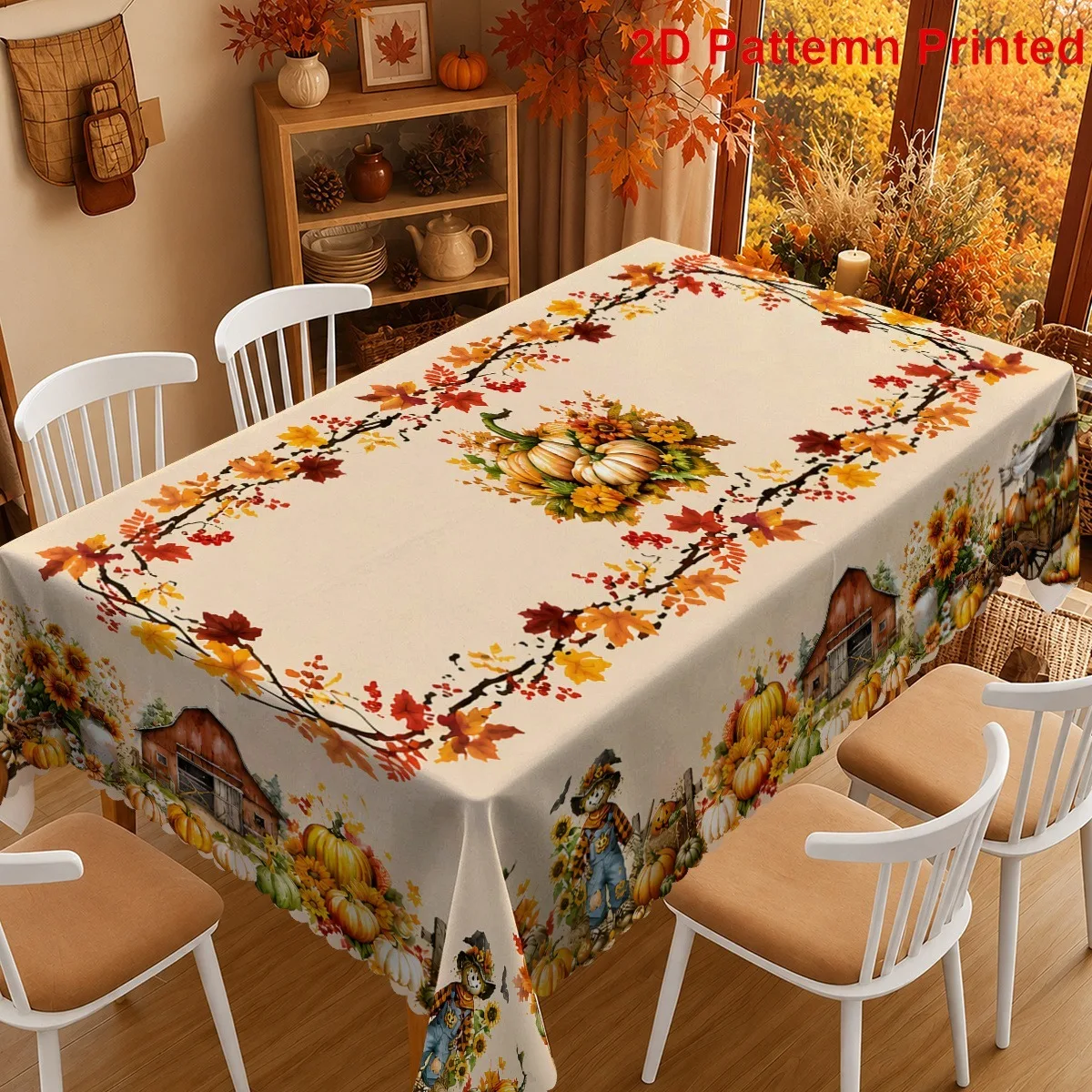 1pc Party Tablecloth, Retro Autumn Maple Leaf Garland Barn Straw Man Pumpkin Rectangular Tableclothzyc