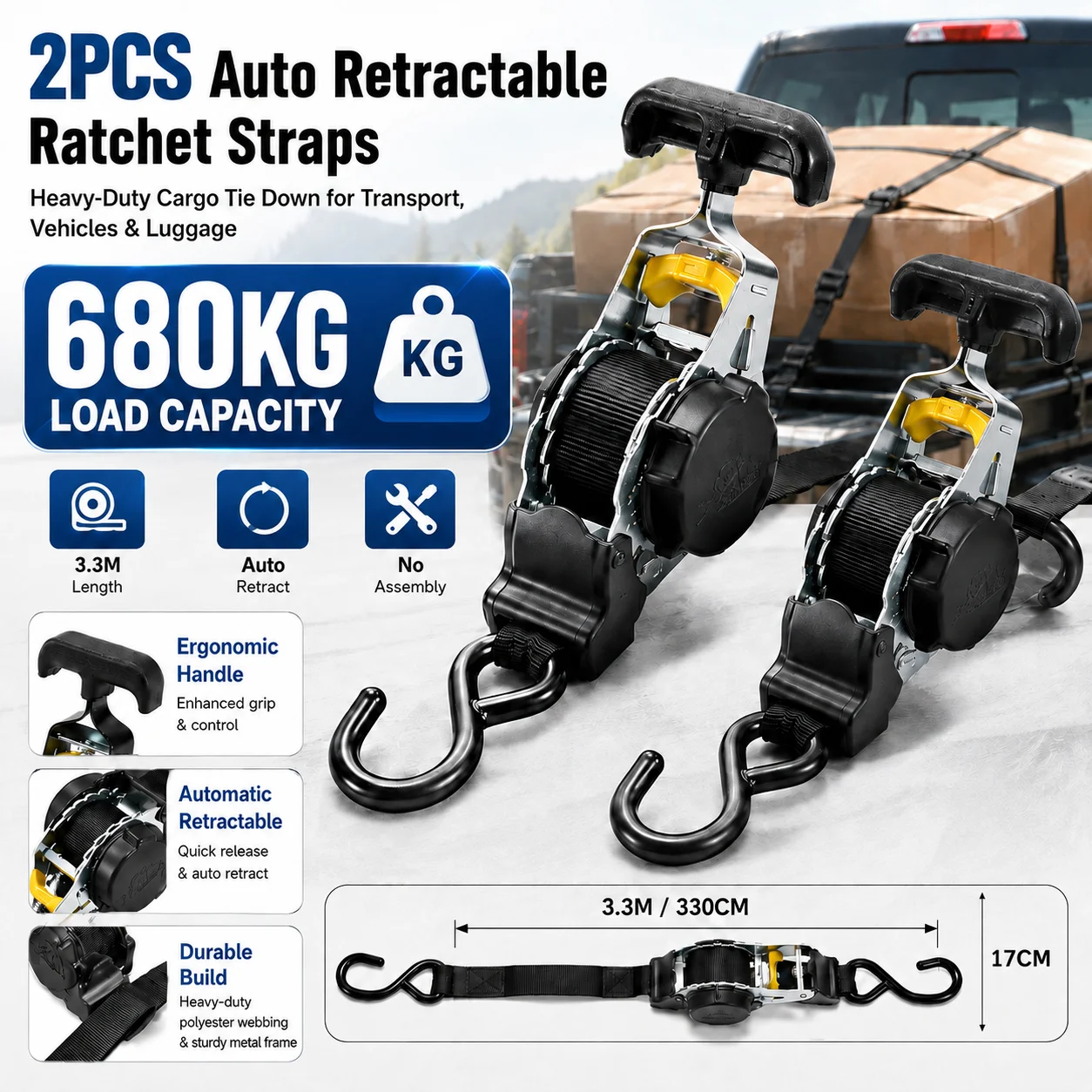 2 cinghie per il fissaggio del carico, robuste e con sistema di ritrazione automatica, non richiedono assemblaggio, facili da allungare e accorciare, cinghie automatiche per moto, cinghia a cricchetto