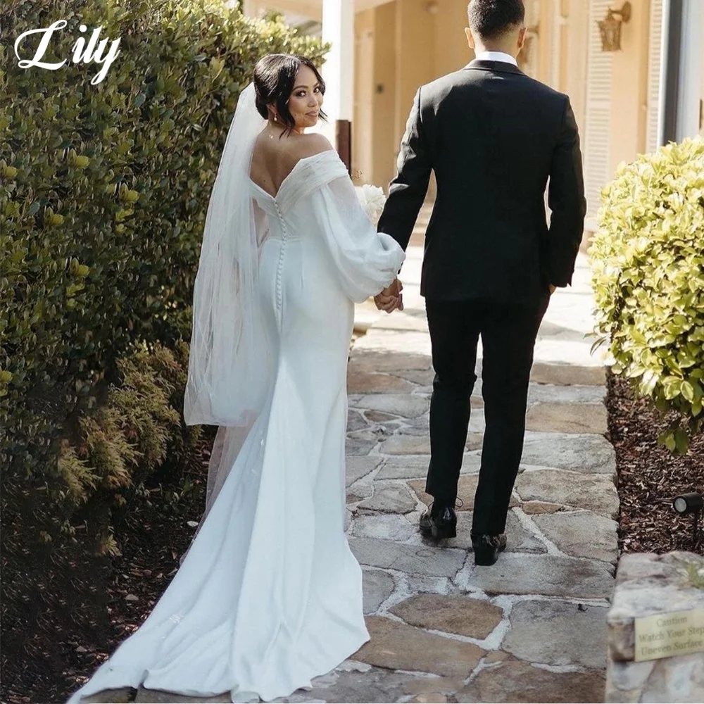 

Lily White V-Neck Prom Gown Lantern Sleeve Backless Prom Dress Satin Trailing Wedding Party Evening Dresses 프롬 드레스 Customized