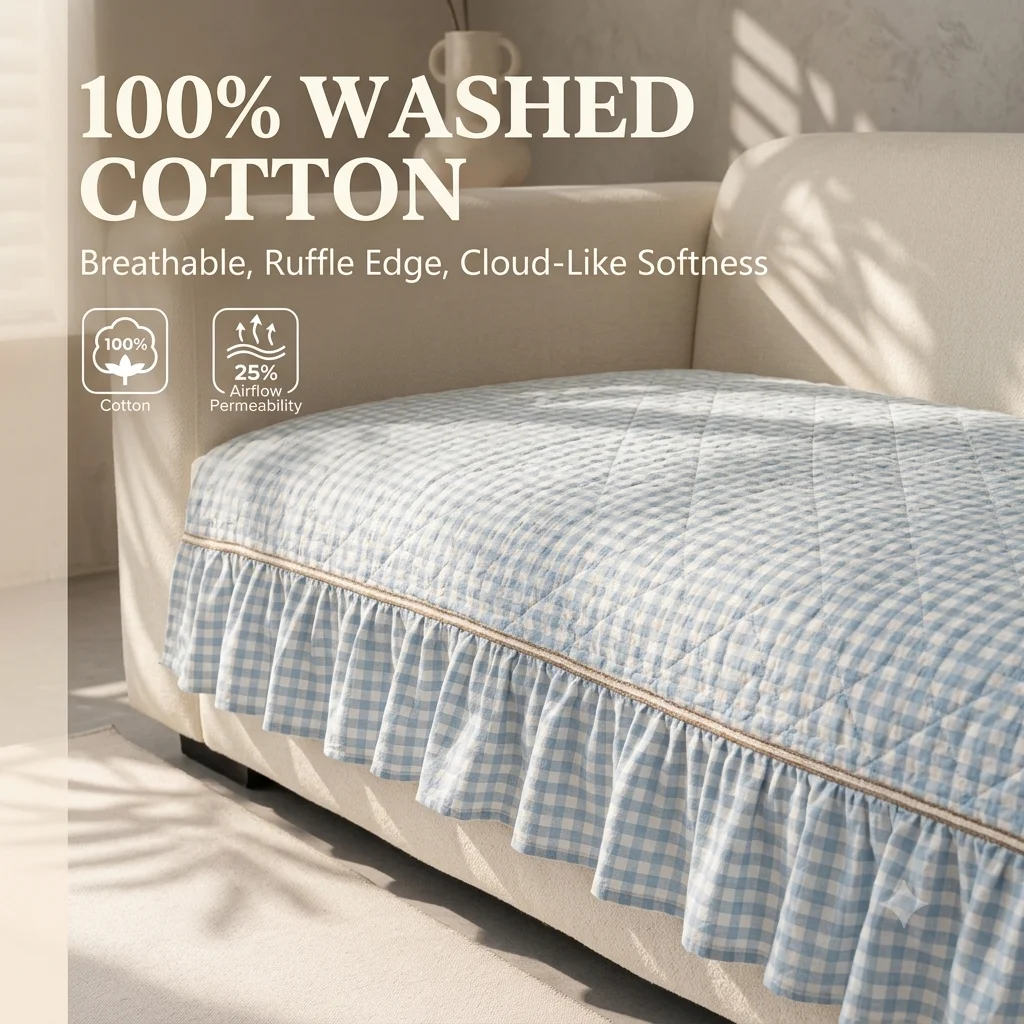 Cacamel Korean Style Aesthetic Plaid Sofa Pad Quilted Embroidered Ruffle Sofa Cover 100% Cotton Thick Anti-Slip Couch Cushion